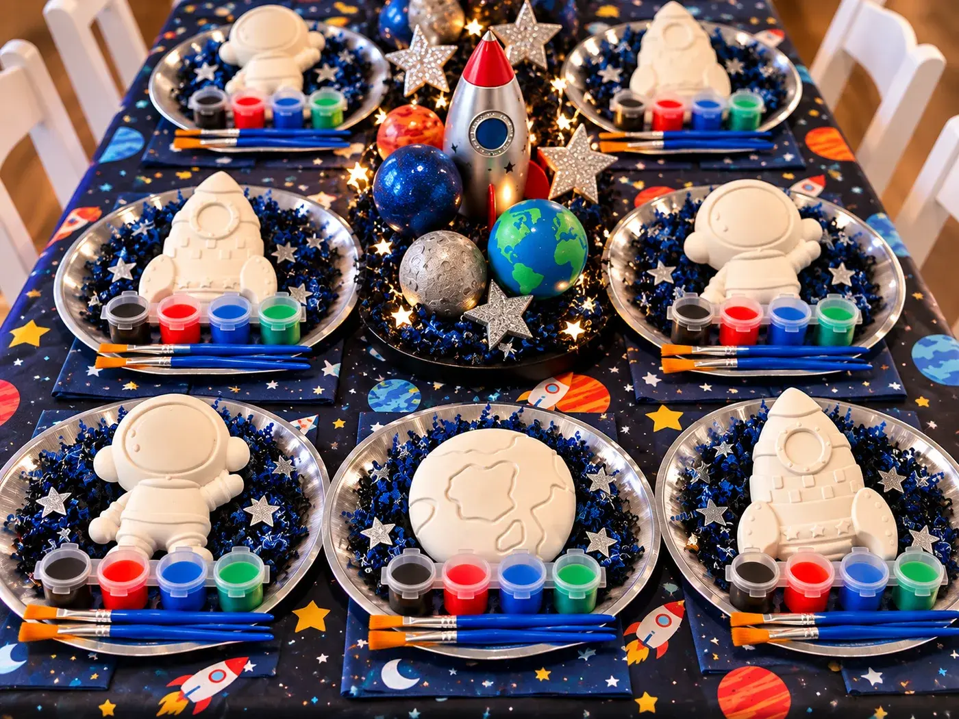 Outer Space party table: a figurine, paints and a brush at every place setting